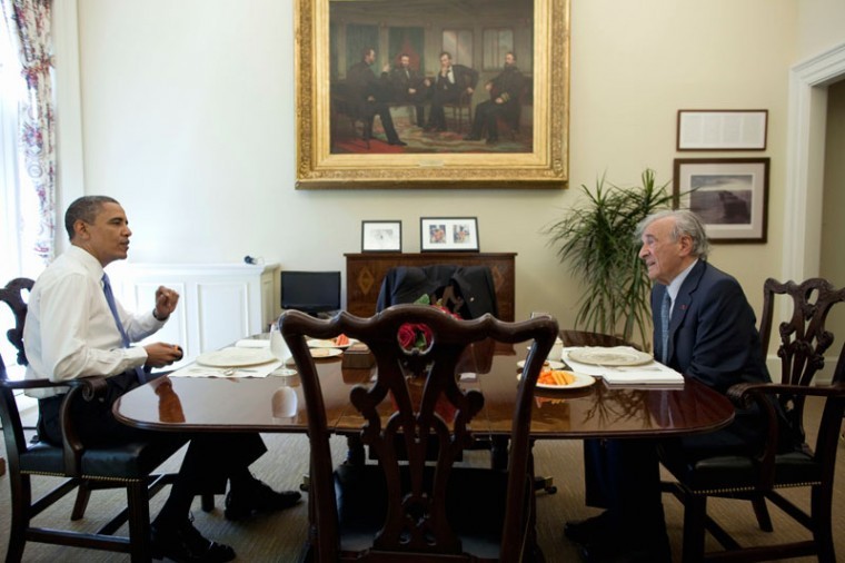 President Barack Obama lunches with Elie Wiesel in the Oval Offices
private dining room, May 4, 2010.