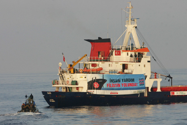 The Israeli Navy, seen here approaching one of a flotilla of Gaza-bound ships, clashed with Turkish activists aboard one of the ships. 