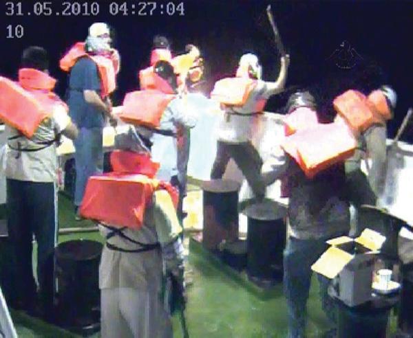 Footage taken from cameras aboard the Mavi Marmara show passengers apparently preparing for a confrontation with Israeli soldiers on May 31. 
