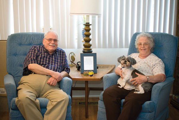 Hilton and Carolyn Epstein with thier dog, Daisy in their Creve Coeur home. NORC helps the Epsteins continue to live on their own as they get older.
