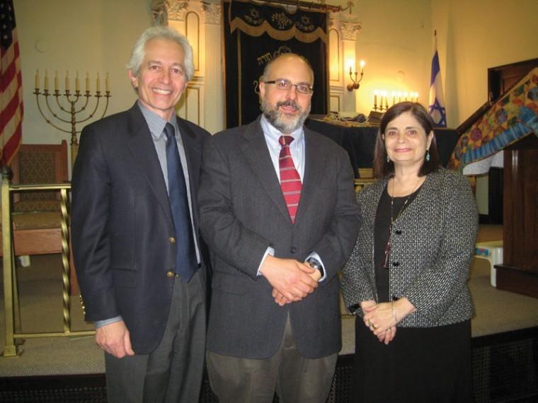 (From left) Dr. Morey Gardner (outgoing President), Rabbi Hyim Shafner, and Phyllis Shapiro (new President-elect), at Bais Abraham Congregation, just after the general meeting to elect the new board and executive board of Bais Abraham on Dec. 19.