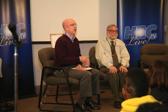 HEC-TV host Tim Gore speaks with Dan Reich (right)  of the Holocaust Museum and Learning Center during a live broadcast from the museum last week. Photos: Bryan Schraier, courtesy jewishinstlouis.org