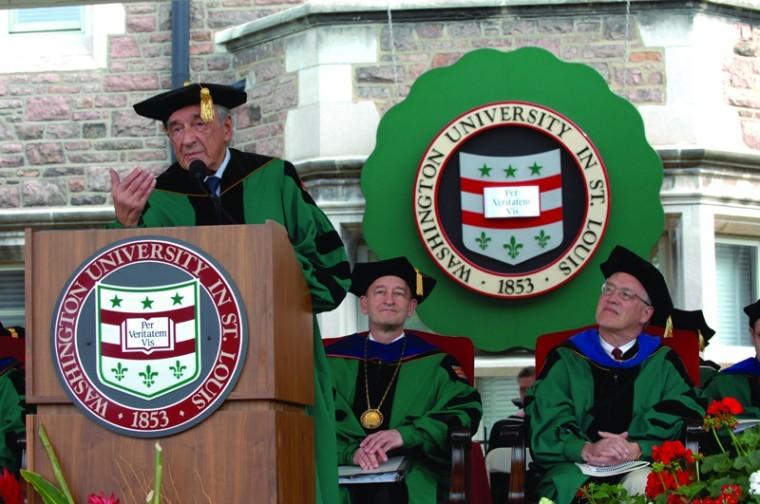 Elie Wiesel (left), Nobel laureate, Holocaust survivor and human rights activist, delivers the 2011 Commencement address to an audience of more than 15,000 in Washington University’s Brookings Quadrangle as Chancellor Mark S. Wrighton (center) and Grand Marshal Robert Wiltenburg, look on. Wiesel’s speech was titled “Memory and Ethics.” Photo courtesy Washington University