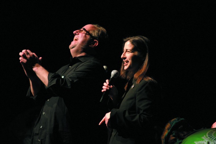 Nishmah Executive Director Ronit Sherwin (right) shares the stage with emcee Edward Coffield during Nishmah’s ‘StL’s Got Talent,’ event held earlier this year. File photo: Mike Sherwin