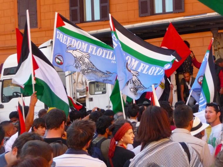 Supporters of the planned flotilla to Gaza
participate in a pro-Palestinian demonstration in Rome, Italy, on
May 14, 2011. Photo: Lucian via CC/Distributed by
JTA
