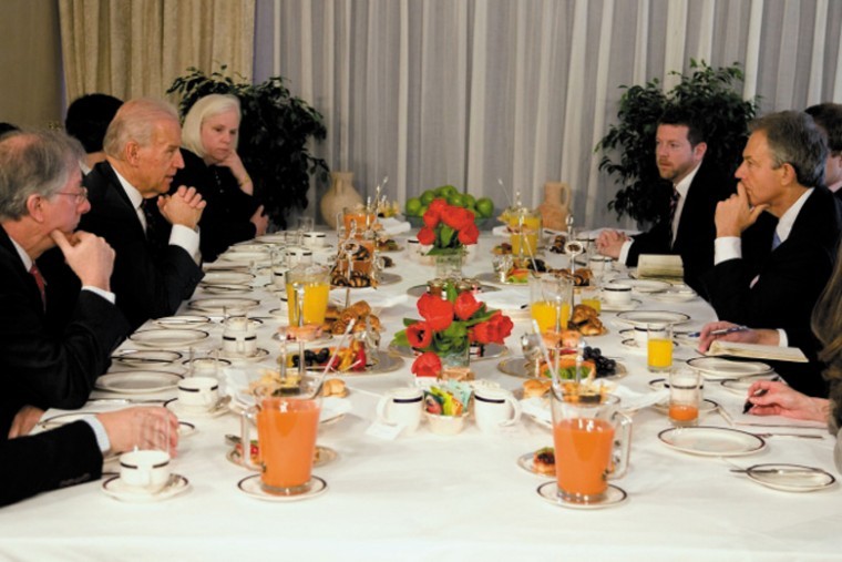 The White House said it deleted the reference to Israel in a
photo caption on its website of Vice President Joe Biden having
breakfast with former British Prime Minister Tony Blair at the
David Citadel Hotel in Jerusalem in March 2010 to reflect a
longstanding U.S. policy on the citys status. Official White House
photo by David Lienemann
