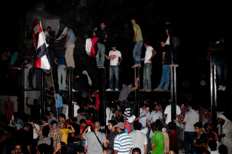 Egyptian demonstrators attacking Israels embassy in Cairo,
Sept. 9, 2011. (Maggie Osama/Creative Commons)
