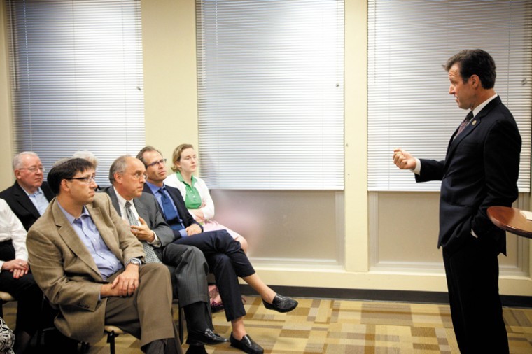 Rep. Russ Carnahan speaks to a group assembled by the Jewish
Community Relations Council last week at the JCC. Rep. Carnahan was
speaking about his recent trip to Israel and Ramallah, where he met
with Israeli and Palastinian leaders. Photo: Kristi Foster.
