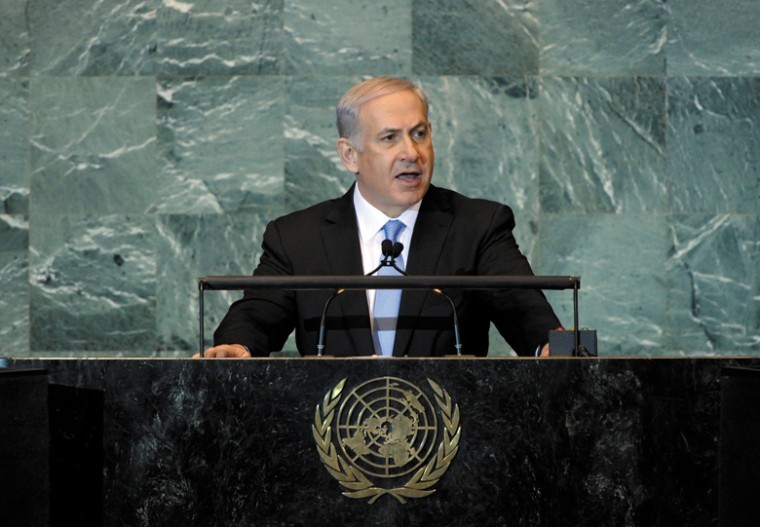 Israeli Prime Minister Benjamin Netanyahu speaking before the
U.N. General Assembly says that Israel is ready to return to talks
with the Palestinians without preconditions, Sept. 23. Photo:
U.N./Marco Castro
