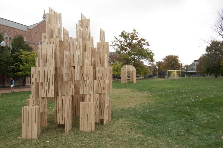 Sukkah City STL: (from left) Alexander Morley &amp; Jennifer
Wong, St. Louis, Exodus. Act3 (Ben Kaplan), Trivers Architecture
&amp; STL Beacon.Emery McClure Architecture, Lafayette, LA, Tene, (darker
structure)John Kleinschmidt &amp; Andy Sterand, New Orleans, L'Chime
Sukkah.in front of Lab Sciences Building on the Washington University
Campus.Photo: Joe Angeles/WUSTL Photo Services
