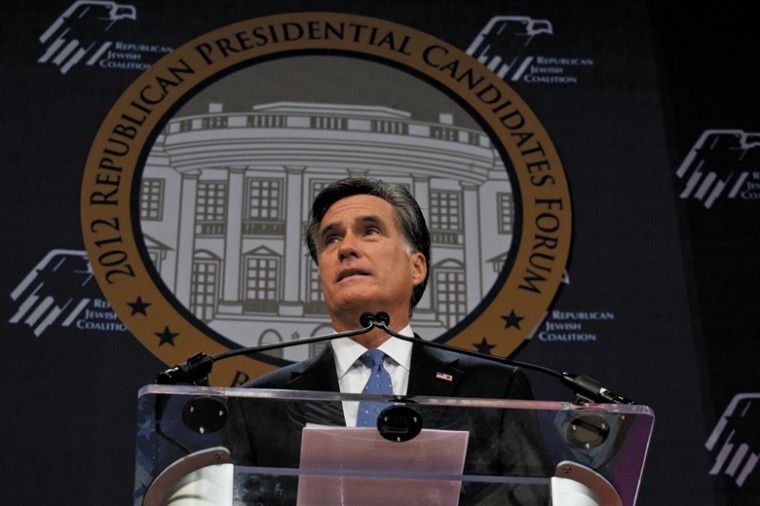 Mitt Romney speaks to the Republican Jewish Coalition
presidential candidates' forum on Dec. 7. Photo: Republican Jewish
Coalition
