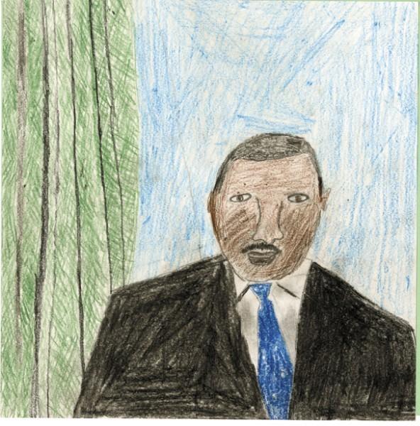 This drawing of Rev. Martin Luther King, Jr. by Shimon Aryeh
Schwartz, a fifth-grade student at Epstein Hebrew Academy, will be
among the artwork on display.
