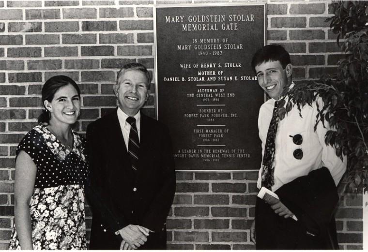 Henry Stolar (center), husband of the late Mary Goldstein Stolar, first leader of Forest Park Forever, is shown with daughter Susan Stolar and son Daniel Stolar at the 1992 dedication of a plaque in her honor in Forest Park.

