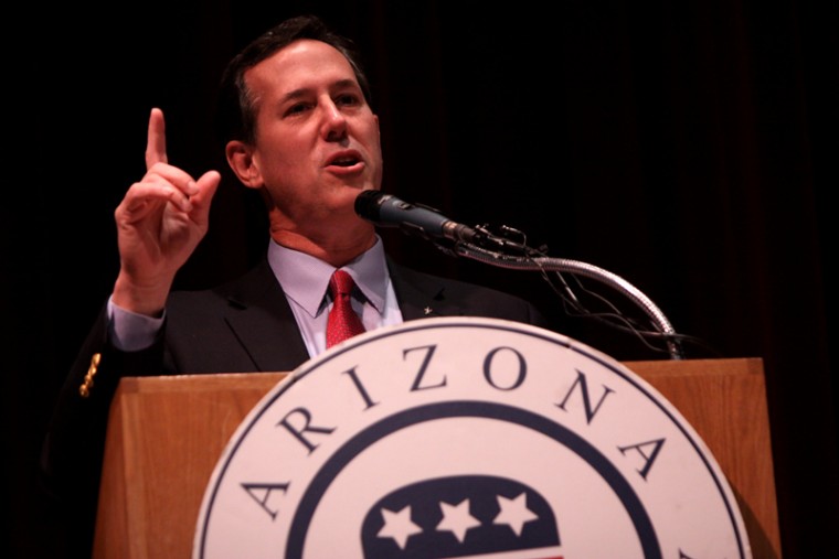 Jewish backers of Rick Santorum, shown speaking at an Arizona
Republican Party fundraiser in Phoenix on Feb. 21, 2012, say Jewish
voters should look past his hard-line social conservatism and
consider his message on the economy and on Israel.

