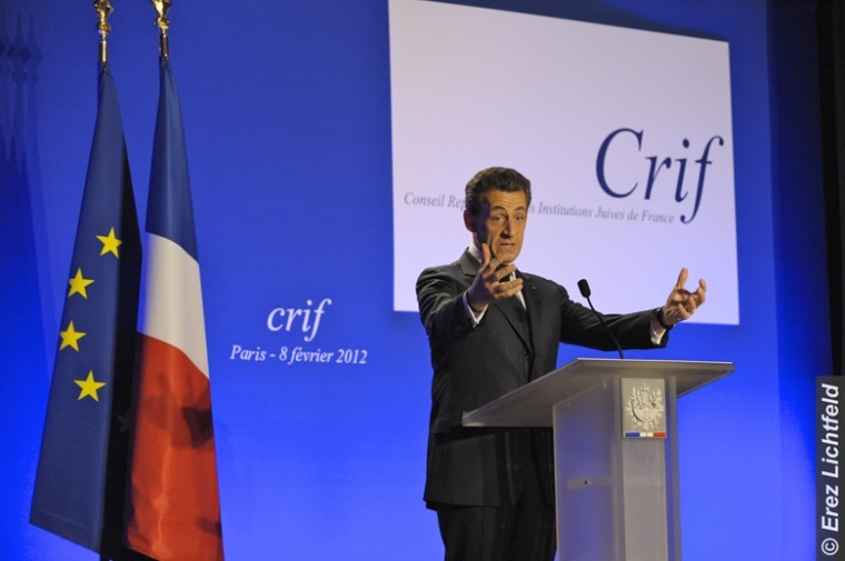 French President Nicolas Sarkozy addressing guests at the CRIF
dinner, Feb. 8, 2012.
