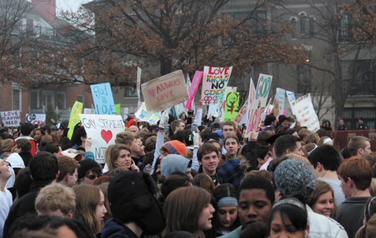 A view of the counter-protesters at Clayton High School.
