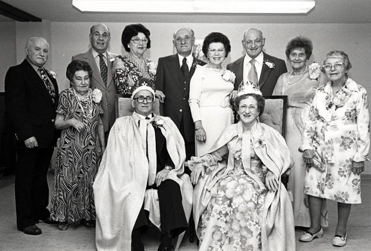 Back in 1980, the Covenant House Tenants Council celebrated Purim with a gala party and dance. Highlighting the evening was the crowning of a Queen Esther and King Ahaseueras, Dolly and Irwin Altman. The Altmans were honored for the volunteer services they performed on behalf of their neighbors. Pictured, along with the Altmans (seated) are former Kings and Queens (from left) Leon Richman and Rose Fishbein; Ben and Leona Feldman; Rubin and Shirley Dobkin; Harry Kessler and Sophie Portnoy, and Ida Solomon. PHOTO: David M. Henschel

