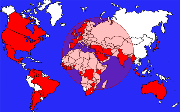 Countries in red denote countries that Iran has either sponsored attacks in or supported terrorist cells. The red target denotes Irans missile range. If Iran had a nuclear weapon, it would have the ability to create a nuclear attack in any of these areas. Source: Jewish Community Relations Council
