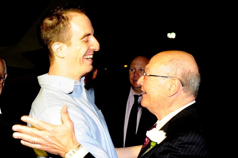 Rep. Gary Ackerman (D-NY), right, greets Ilan Grapel, a dual U.S.-Israeli citizen who had been a former Ackerman intern, on Oct. 27, 2011, following the latter’s release from imprisonment in Egypt.
