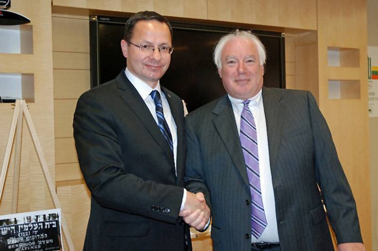 Lithuanian Ambassador to the U.S. Žygimantas Pavilionis, left, with Harley Felstein, founder of the Sunflower Project, at a cemetery presentation at the Embassy of Lithuania, April 1, 2011.

