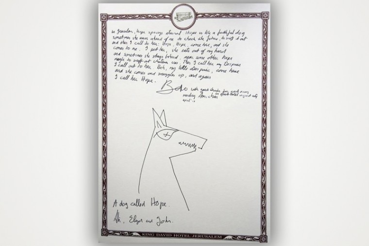 Bonos Hope-ful note left at the Jerusalem King David Hotel on April 17, 2012.
