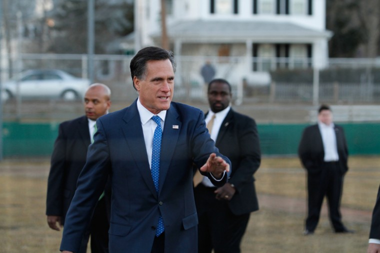 The campaign for Mitt Romney, shown greeting the crowd in suburban Boston on March 6, 2012, is emphasizing his friendship with Israeli leader Benjamin Netanyahu and his tough posture on Iran in distinguishing itself from President Obama.
