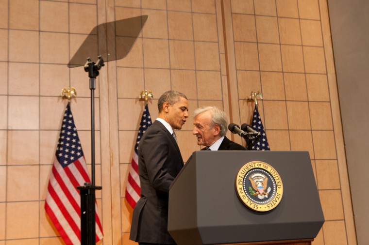 President Obama embraces Elie Wiesel before delivering a speech about the Holocaust and its meaning at the U.S. Holocaust Memorial Museum, April 23 2012.
