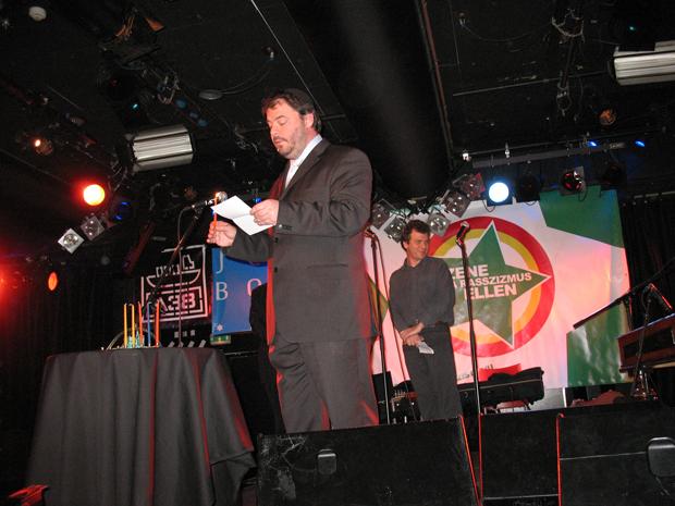 Rabbi Zoltan Radnoti takes part in a Music Against Racism concert at Chanukah, 2009.
