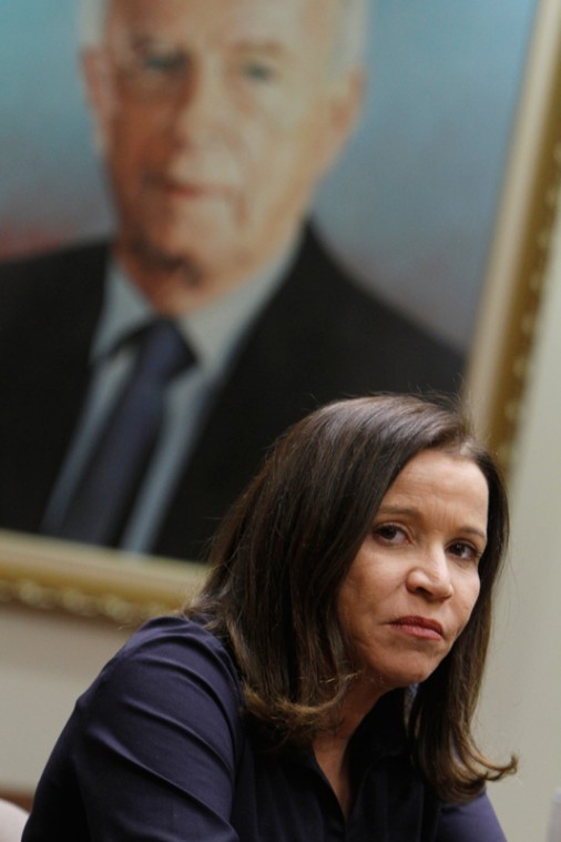Shelly Yacimovich, head of the Labor Party, during the partys meeting in the Knesset with a photo of slain Prime Minister Yitzhak Rabin in the background, Jan. 30, 2012.
