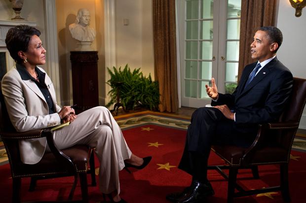 President Barack Obama participates in an interview with Robin Roberts of ABCs Good Morning America, in the Cabinet Room of the White House, May 9, 2012.
