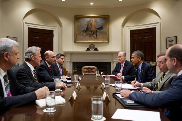 President Obama drops by a meeting between National Security Advisor Tom Donilon and Deputy Prime Minister Shaul Mofaz of Israel, third from left, in the White House, June 21, 2012.
