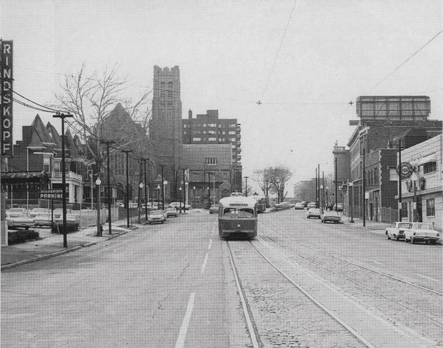 Eastbound car 1606 picks up speed on Delmar after crossing Union in April 1963. The Rindskopf Funeral Home is on the left, Thoms Pontiac on the right. This was a great spot for “trolley watching,” as the cars really flew if no passengers were in sight.
