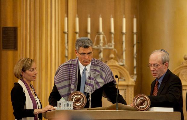 Rabbi Rick Jacobs, center, is installed as president of the Union for Reform Judaism at Congregation Beth Elohim in Brooklyn, N.Y., June 9, 2012.
