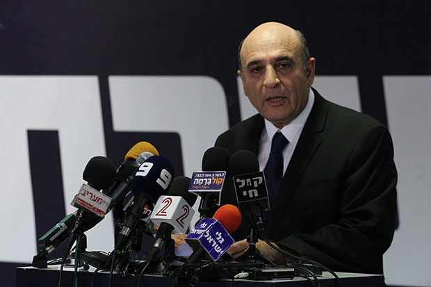 Kadima Party leader Shaul Mofaz speaking at a news conference in Petach Tikvah about Kadimas reasons for leaving the Israeli government coalition, July 17, 2012.
