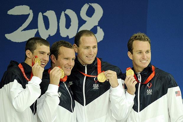 Jason Lezak, second from right, after winning the gold medal for the U.S. 400-meter medley relay team at the 2008 Summer Olympics in Beijing, August 2008.
