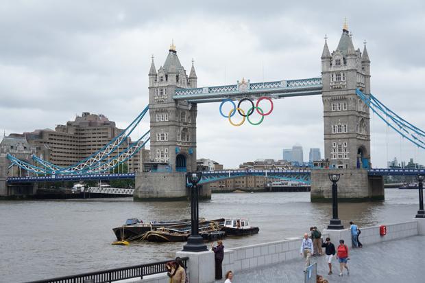 The Tower Bridge in London, decorated with the five Olympic rings in preparation for the 2012 Summer Games, June 2012.
