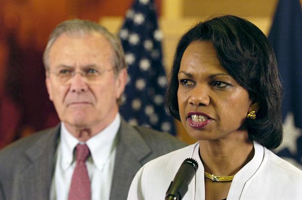 Secretary of State Condoleezza Rice and Secretary of Defense Donald Rumsfeld addressing the media after meeting at the U.S. Embassy in Baghdad, Iraq, April 27, 2006.

