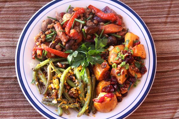 Citrusy Green Beans with Toasted Walnuts; Roasted Sweet Potatoes with Citrus-Maple Vinaigrette;and Barley and Roasted Vegetable Salad. Photo: Mike Sherwin
