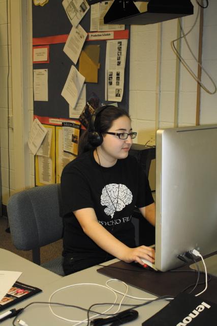 Samantha Weil works in the broadcast technology room at Ladue High School. A senior, Samantha makes documentaries and short interview clips for the Ladue View TV program that airs at the school. Photo: Jason Kaplan
