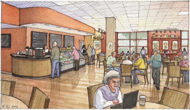 Artists’ renderings show planned improvements at Crown Center for Senior Living as part of the Circle@Crown concept of the dining room. Also planned are a dairy kosher kitchen, outdoor dining patio and improved garden area.   
