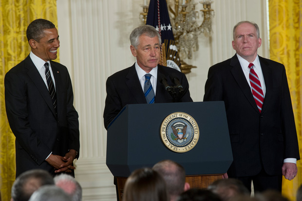 Chuck+Hagel+speaking+at+the+announcement+of+his+nomination+as+secretary+of+defense%2C+as+a+smiling+President+Obama+and+Homeland+Security+official+John+Brennan+look+on%2C+Jan.+7%2C+2013.+Brennan+was+tapped+as+the+nominee+for+CIA+director+at+the+same+announcement.+DOD+photo+by+U.S.+Navy+Petty+Officer+1st+Class+Chad+J.+McNeeley%2FJTA%0A