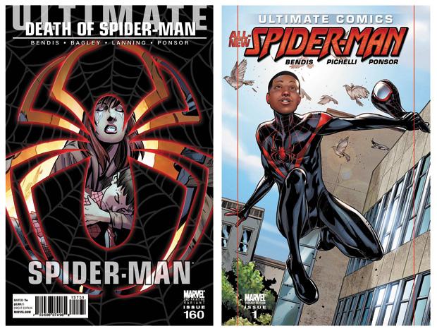 Left to right, the final issue of the “Ultimate Spider-Man” featuring Peter Parker and the first issue featuring Miles Morales. (Courtesy Marvel Comics)
