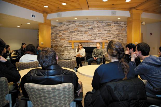 Israel Defense Forces reservists Lital Shemesh and Ari Sharon speak to students at Washington University on Feb. 19 as part of the StandWithUs organization’s fifth annual ‘Israeli Soldiers’ Stories’ tour. The reservists delve into conversation about the Israeli-Arab conflict, talk about life in Israel and answer questions from students. Shemesh served as a combat soldier in the Border Police Unit of the IDF and now is a journalist; Sharon served in the IDF’s Special Forces Unit Maglan and was active during the Second Intifada. He now works as a software engineer.  The event was cosponsored by Hillel and Washington U Students for Israel.
