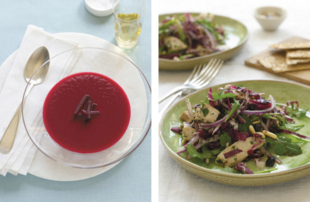 Beet+Soup+is+pareve+and+can+be+served+at+room+temperature+or+hot.+Chicken+Salad+With+Radicchio+and+Pine+Nuts+is+colorful+and+features+an+interesting+mixture+of+textures+and+tastes.+Both+photos+from+%E2%80%9CHelen+Nash%E2%80%99s+New+Kosher+Cuisine%2C%E2%80%9D+Overlook+Press%0A