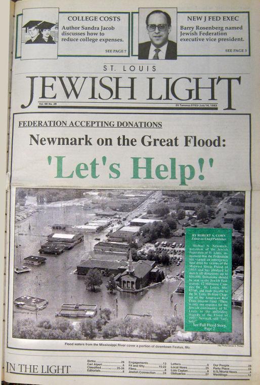 A ‘teaser’ for a story on the appointment of Barry Rosenberg as Jewish Federation executive leader is at the top of a full page devoted to coverage of the Great Flood of 1993.