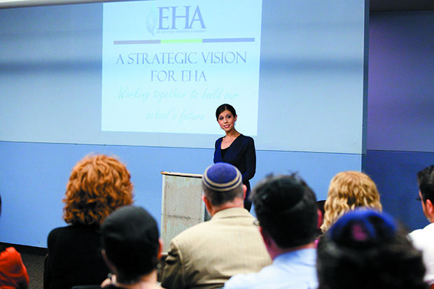 H.F. Epstein Hebrew Academy strategic planning chair Dalia Oppenheimer speaks during a town hall meeting at the school on Thursday evening. Photo: Kristi Foster 