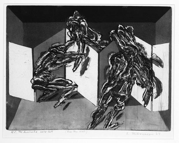 One of six etchings in an upcoming exhibit at SLU. The works, by Icelandic artist Einar Hákonarson, depict abstractions of life at Auschwitz