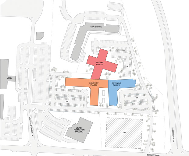 A NEW VISION FOR COVENANT HOUSE:  Pictured above is a conceptual site plan for the three-phase redevelopment proposal Covenant House has created for the Millstone Campus.  The blue building marks Phase 1; orange is Phase 2 and red is Phase 3. Phase 1 would include building on part of the site formerly occupied by the old AMF Strike ‘n Spare Lanes (and owned by the Jewish Community Center), currently optioned to Covenant.  