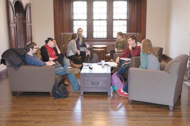 Students gather at the newly renovated St. Louis Hillel building across from Washington University for the organization’s weekly coffee and cupcakes event.  