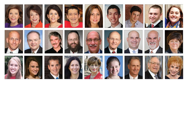 TOP ROW, from left:  Phyllis Z. Langsdorf,  Diane Gershman Levine, Linda Weitzer Sher, Thomas Felman, Claudia Hearst, Joseph Dardick, Joe Goldberg, Jacob Maier and Gabby Mesnier.  SECOND ROW: David Kaslow, Roy Kramer, Mark Burstein, Shaya Rochester, Barry Spiegelglass, Sanford Neuman, Mark Gellman, Neil Gellman and Jill A. Silverstein. THIRD ROW: Paige Krug, Barri Wishne, Mark A. Cantor, Helene Epstein, State Rep. Jill Schupp, Simone Bernstein, Charles S. Elbert and Merle Fischlowitz  and Teresa Fischlowitz. 